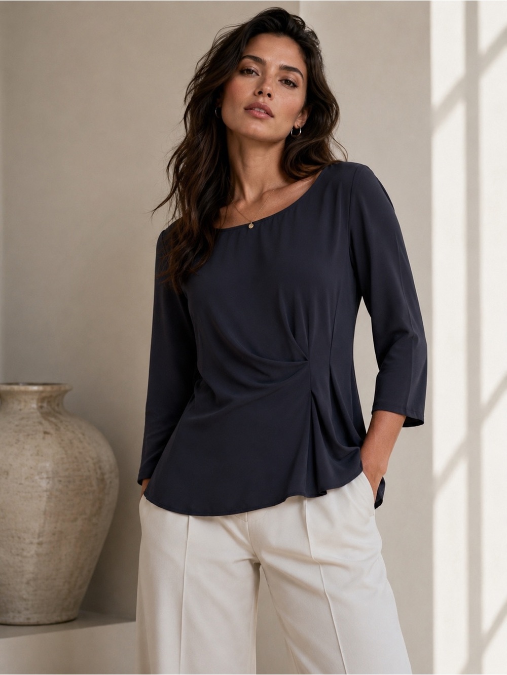 Fabiana Filippi Silk Blend Draped Blouse | Large | Made in Italy | Navy